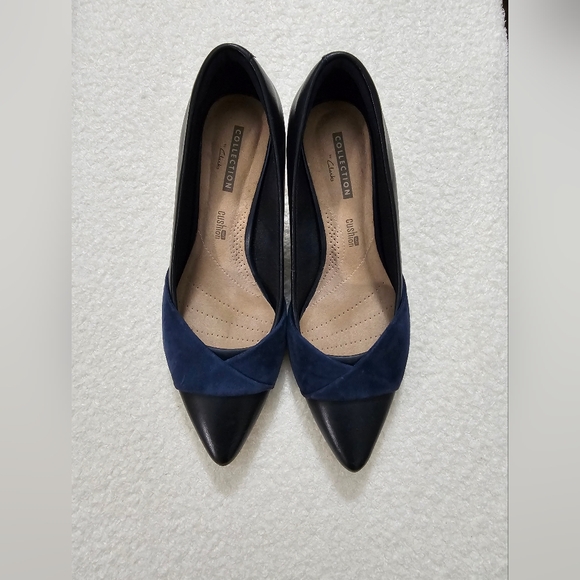 🩵Clarks navy linvale vena leather pointed toe pumps heels women size 6 - Picture 5 of 9